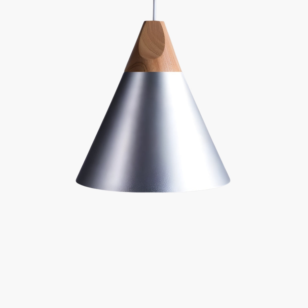 Suspension LED bois et aluminium en forme de cône