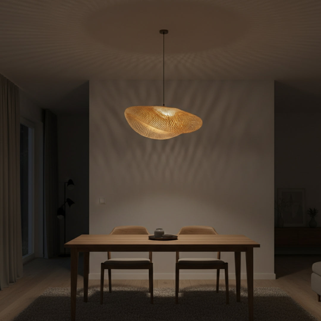 Suspension LED ronde en rotin tressé vintage