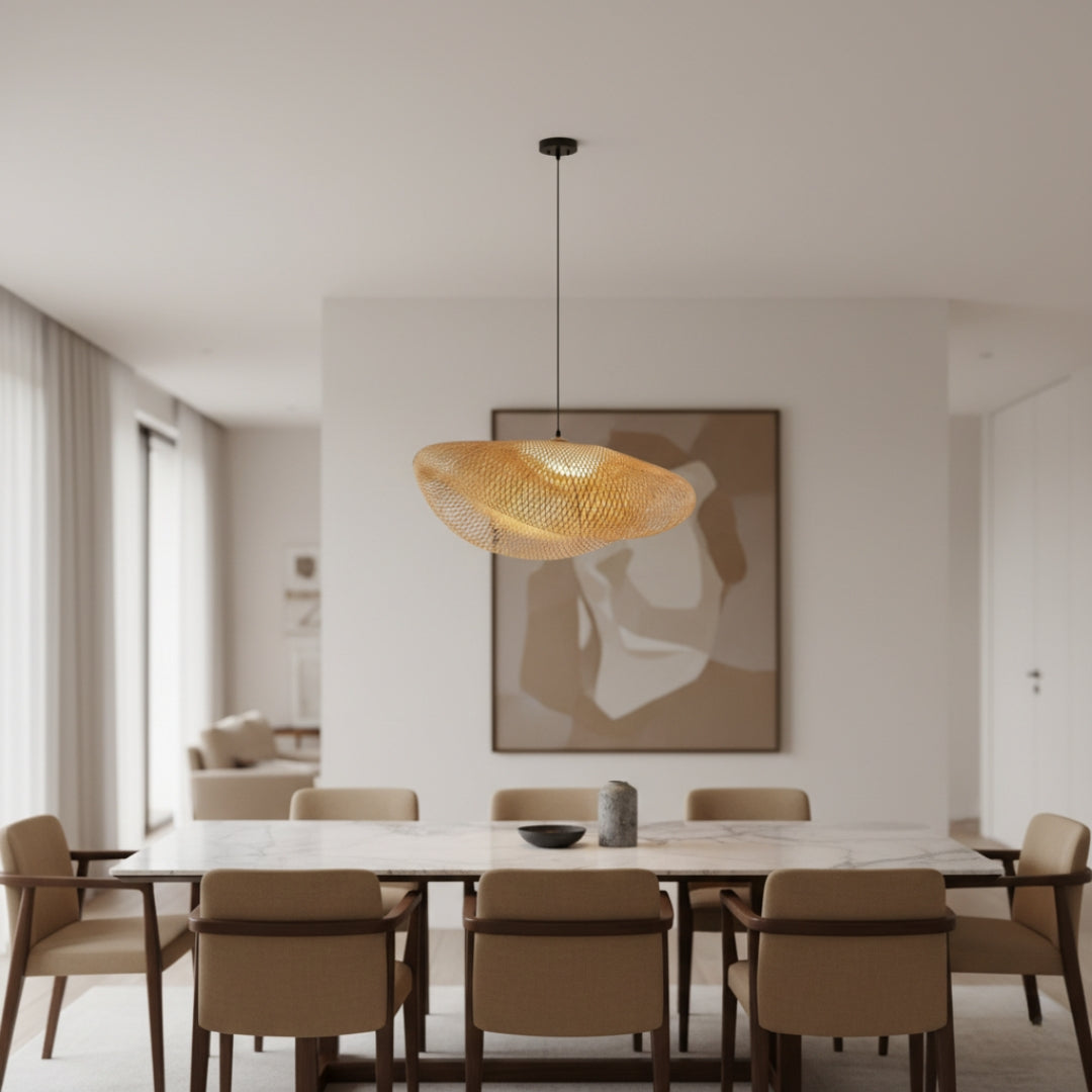 Suspension LED ronde en rotin tressé vintage