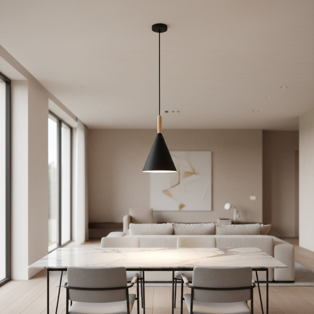 Suspension Conique Métal Coloré et Tige en Bois