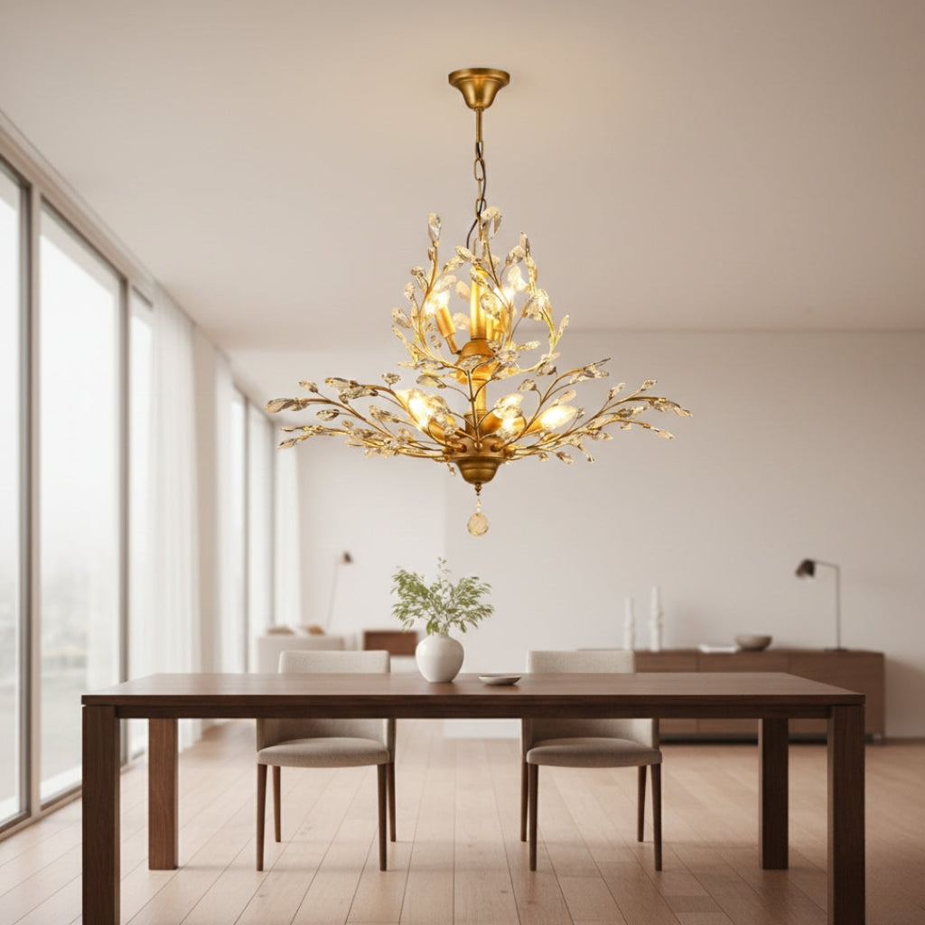 Lustre LED Cristal Doré Feuilles Élégant