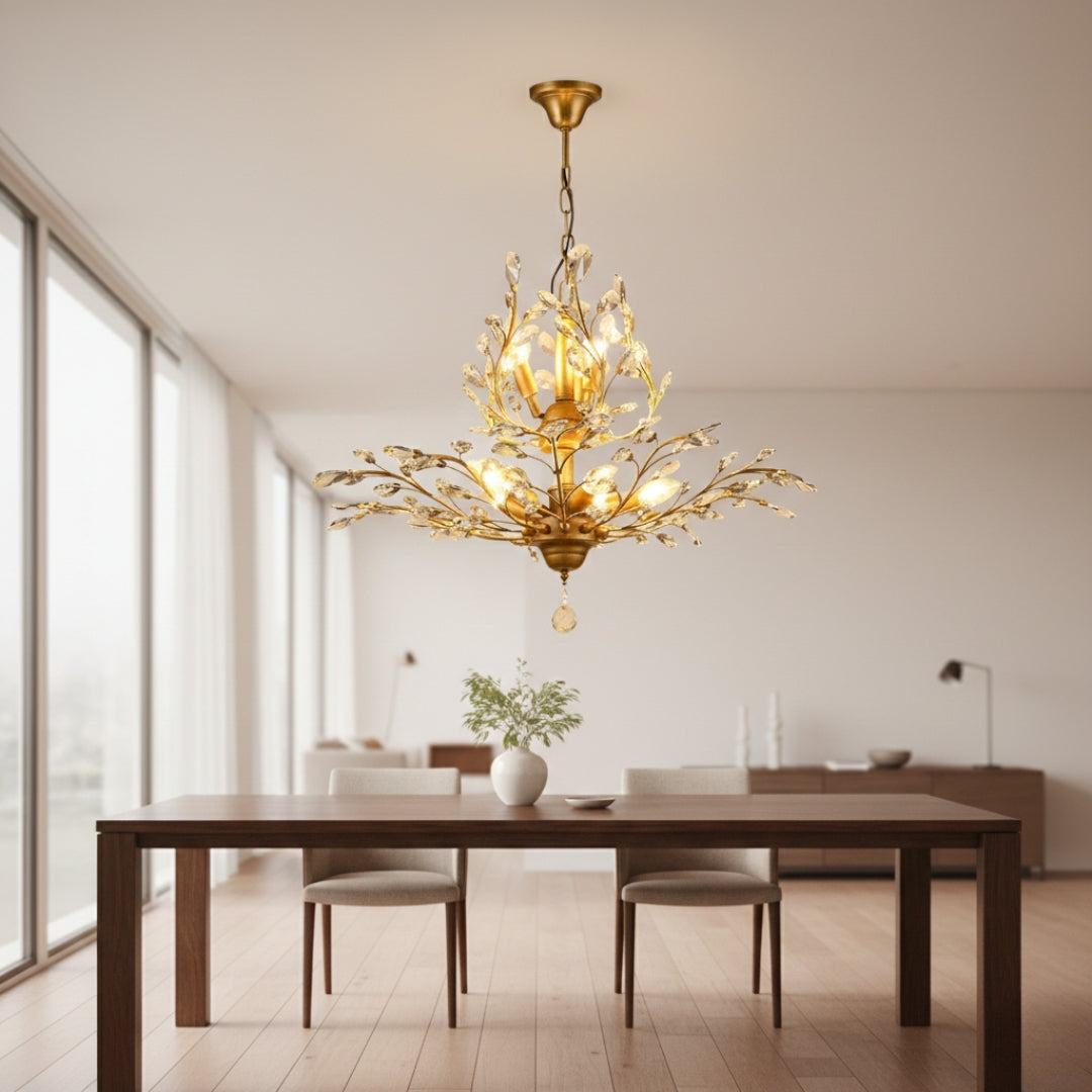Lustre LED Cristal Doré Feuilles Élégant