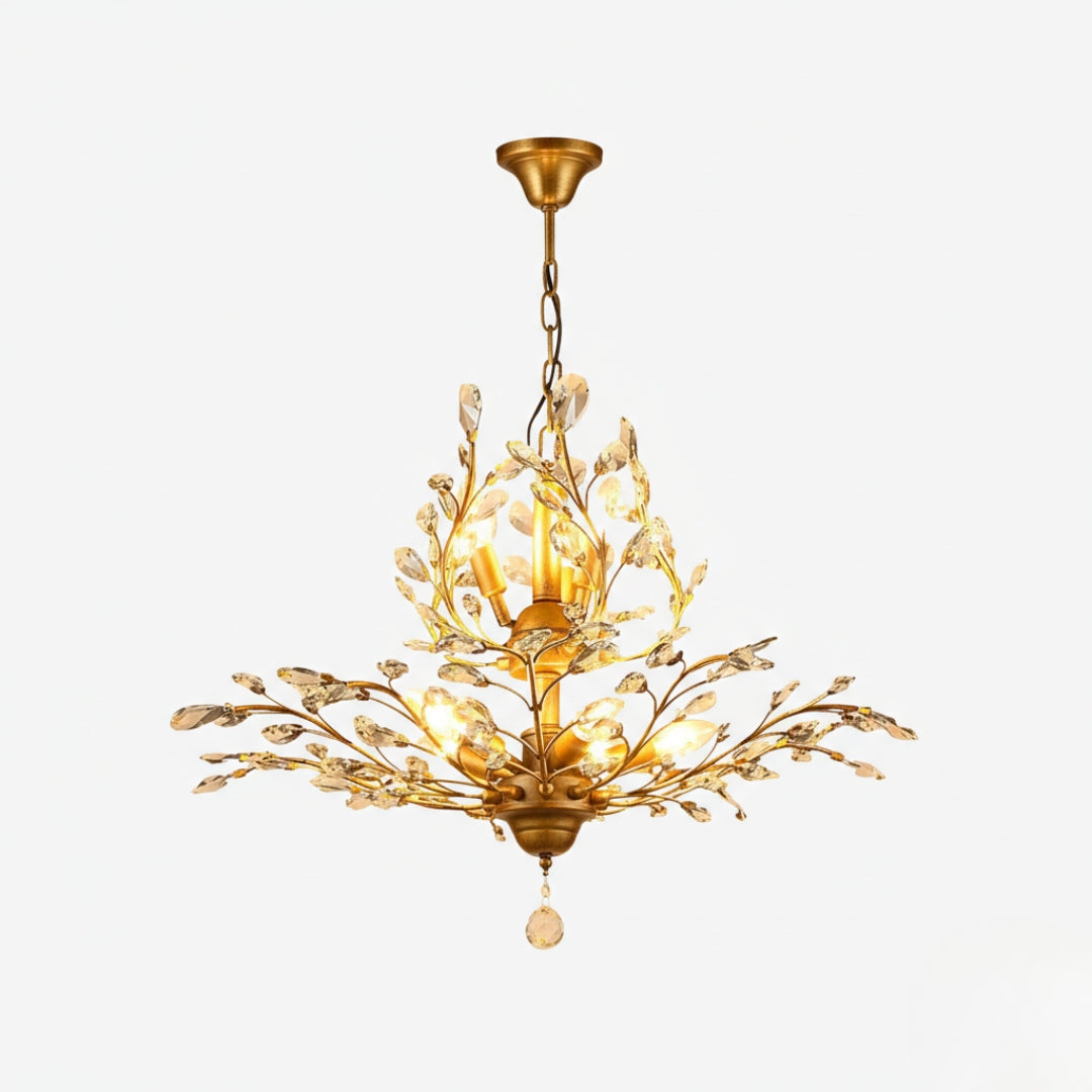 Lustre LED Cristal Doré Feuilles Élégant