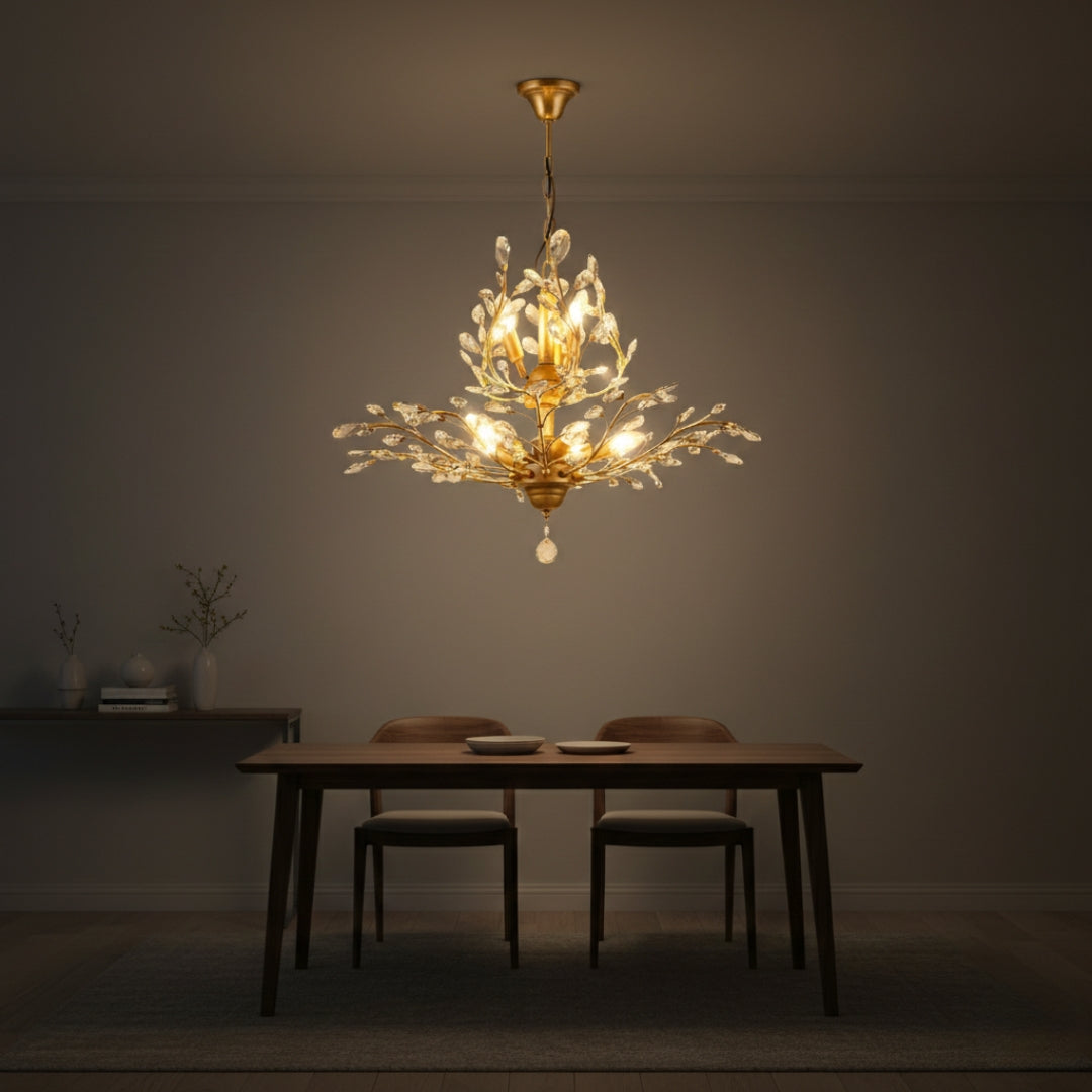 Lustre LED Cristal Doré Feuilles Élégant
