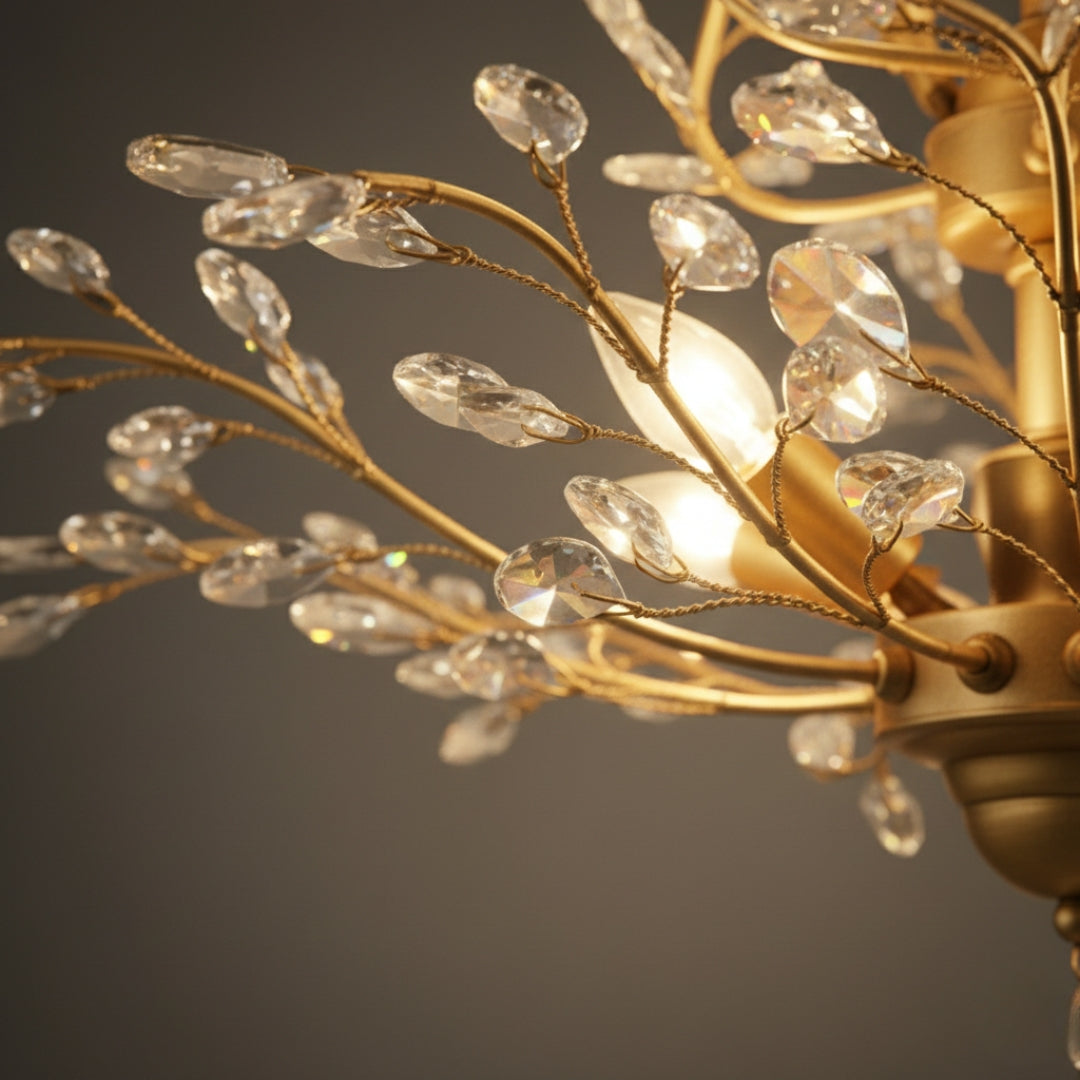 Lustre LED Cristal Doré Feuilles Élégant