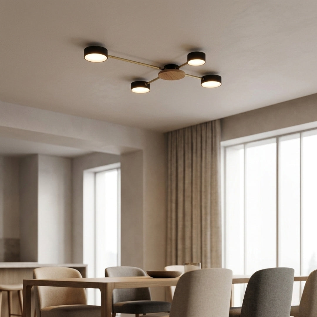 Plafonnier LED Bois Métal à Cercles Lumineux