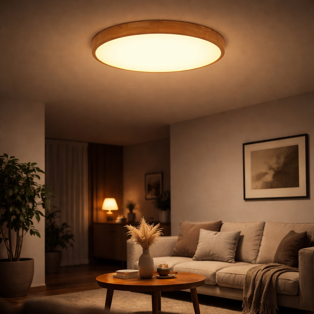 Plafonnier LED Rond Ultra-Fin en Bois Massif