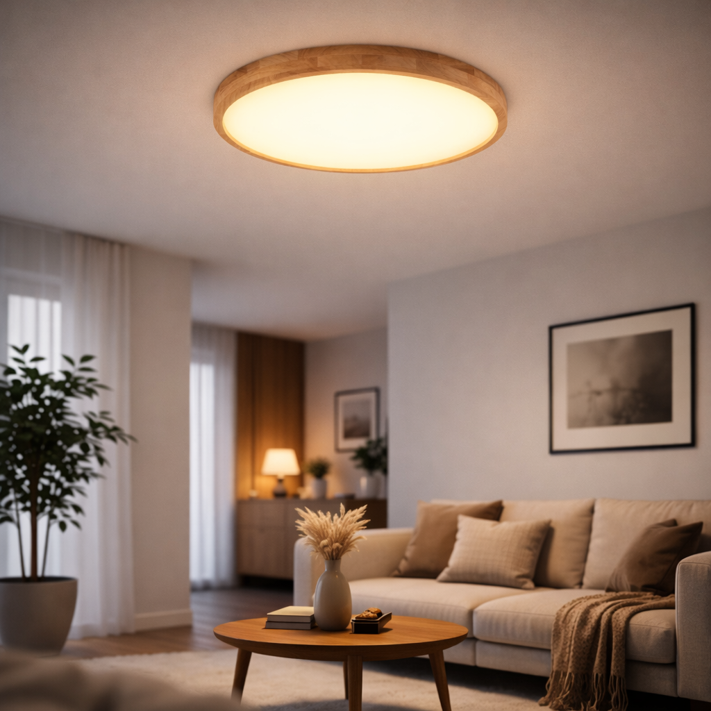 Plafonnier LED Rond Ultra-Fin en Bois Massif