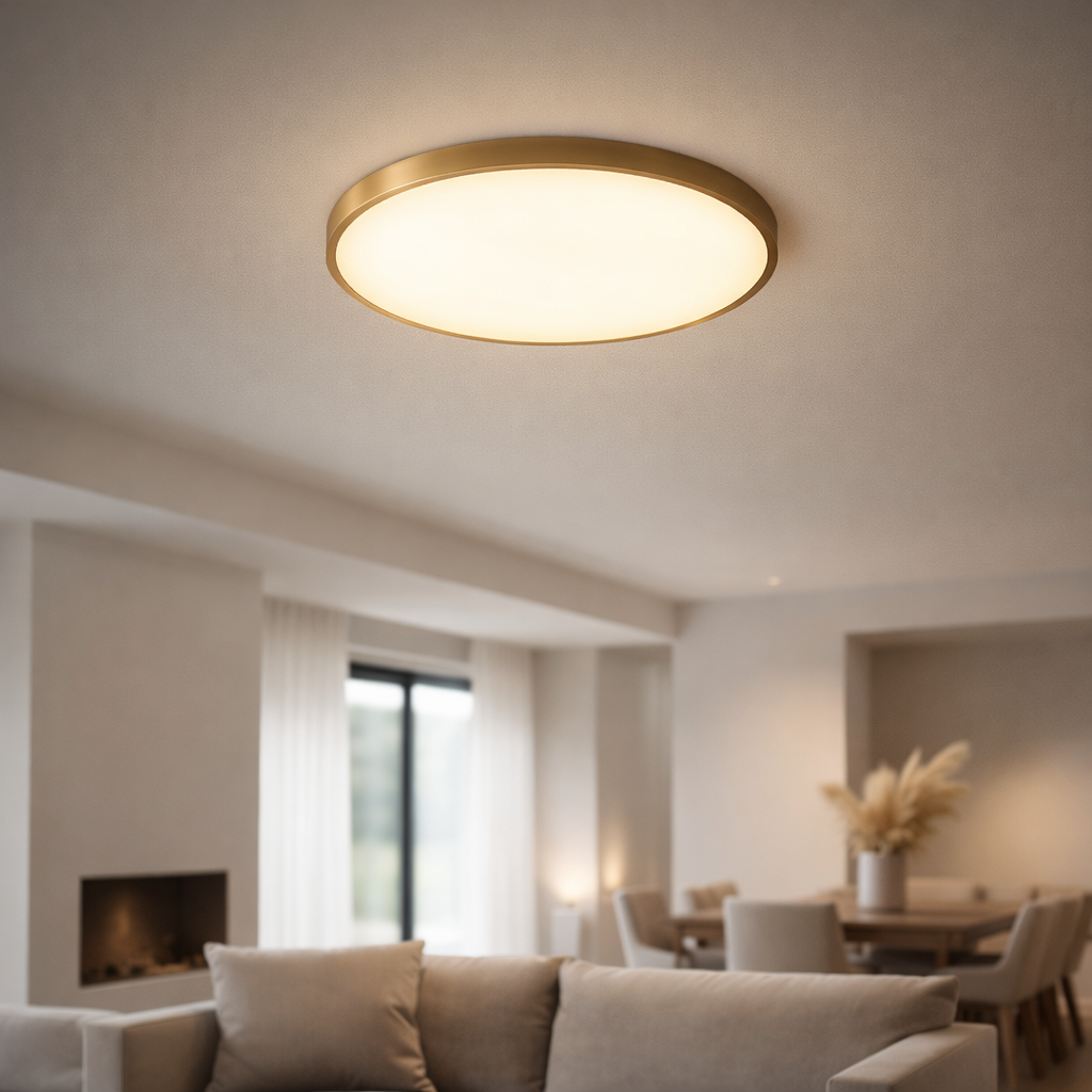 Plafonnier LED rond doré design plat moderne