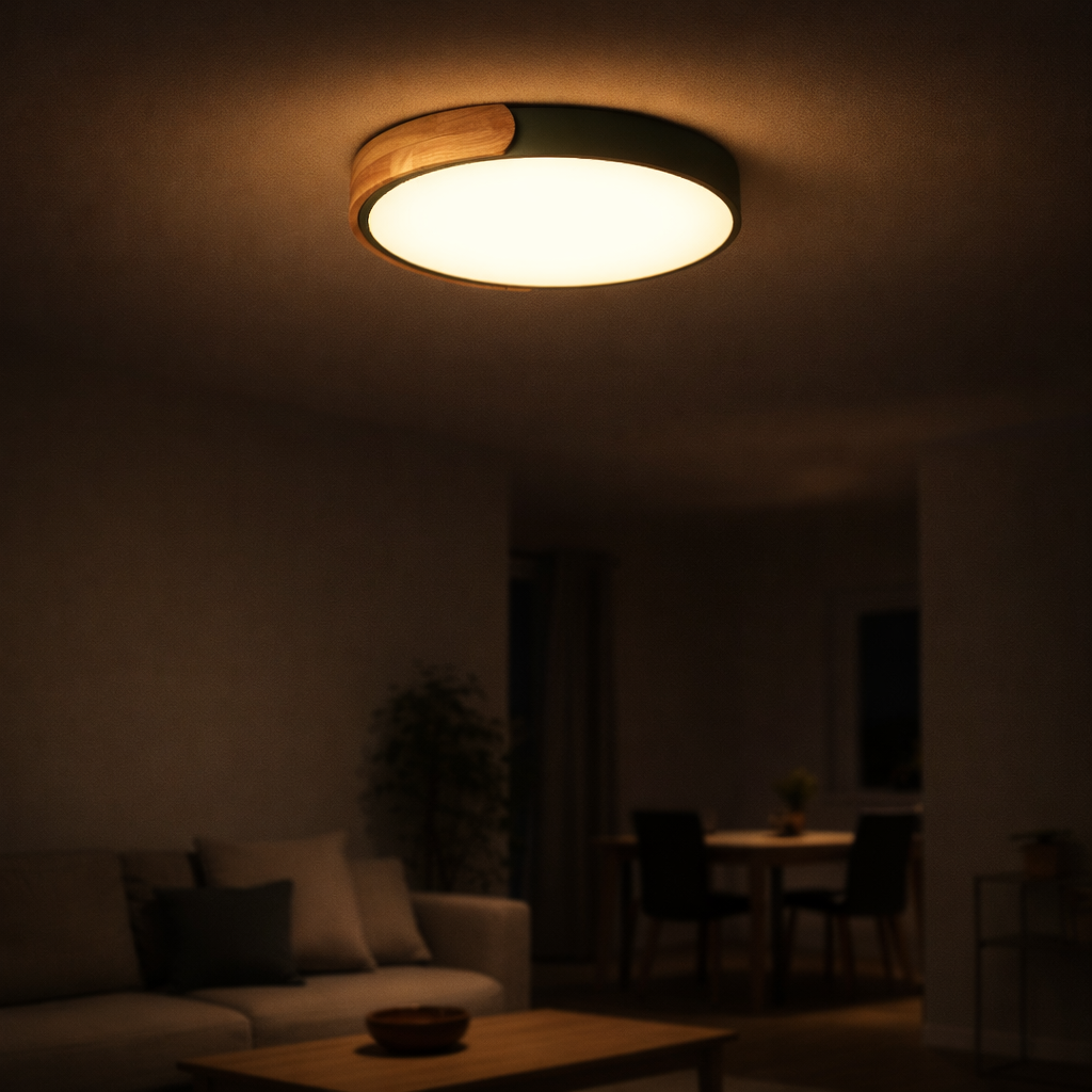 Plafonnier LED rond métal bois style macaron