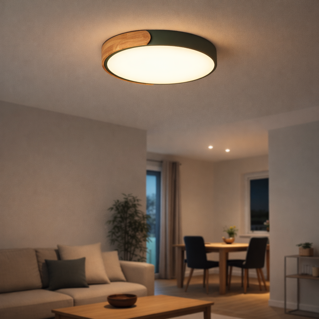 Plafonnier LED rond métal bois style macaron