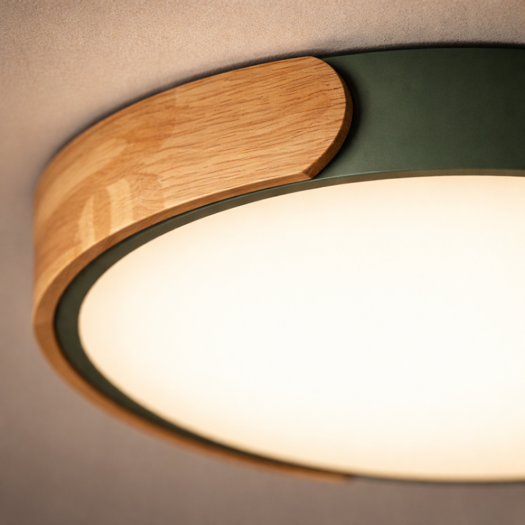 Plafonnier LED rond métal bois style macaron