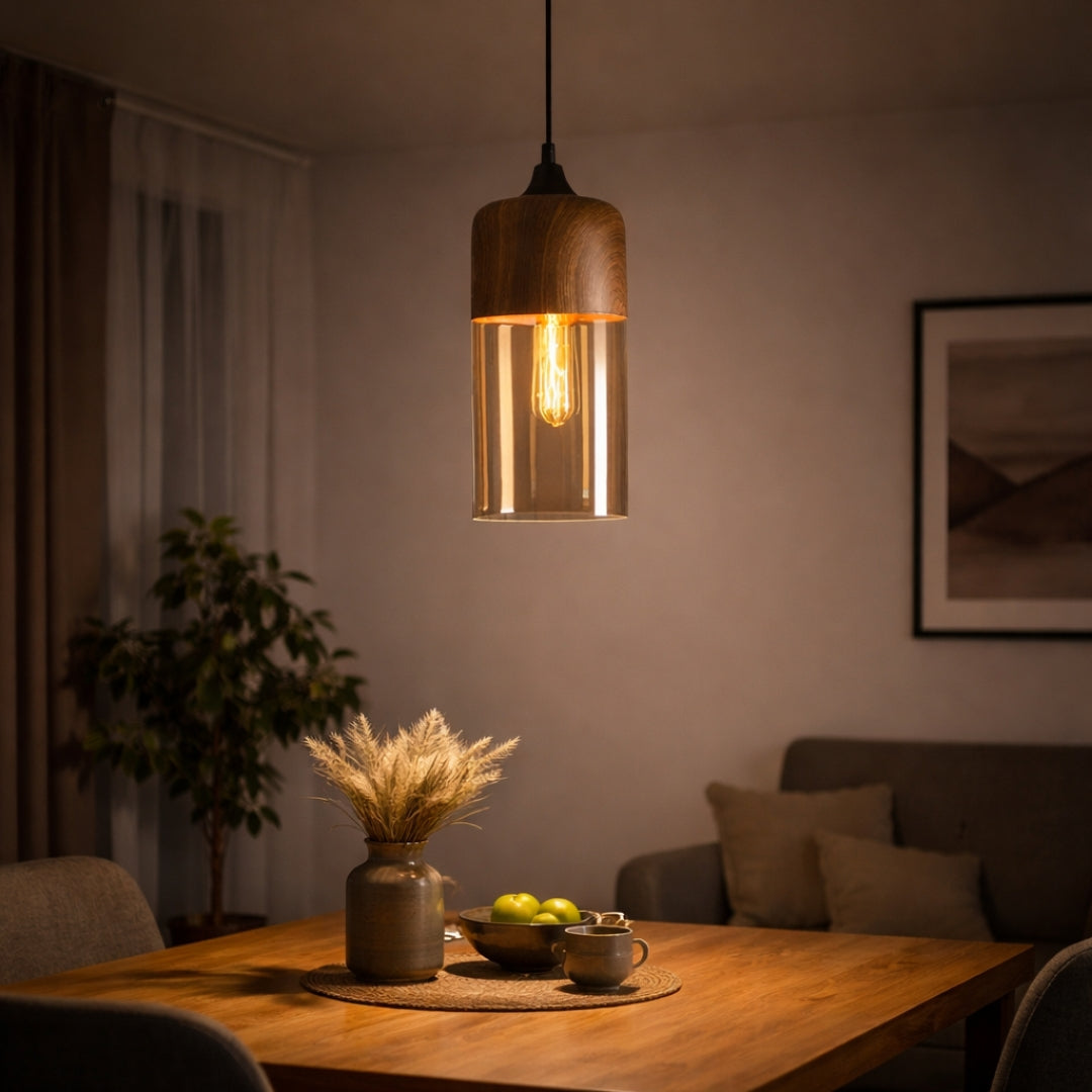 Suspension Bois et Verre Style Loft Rétro Design Moderne