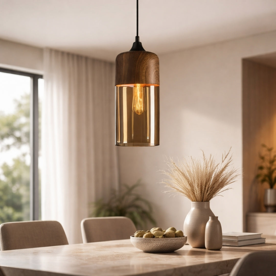 Suspension Bois et Verre Style Loft Rétro Design Moderne
