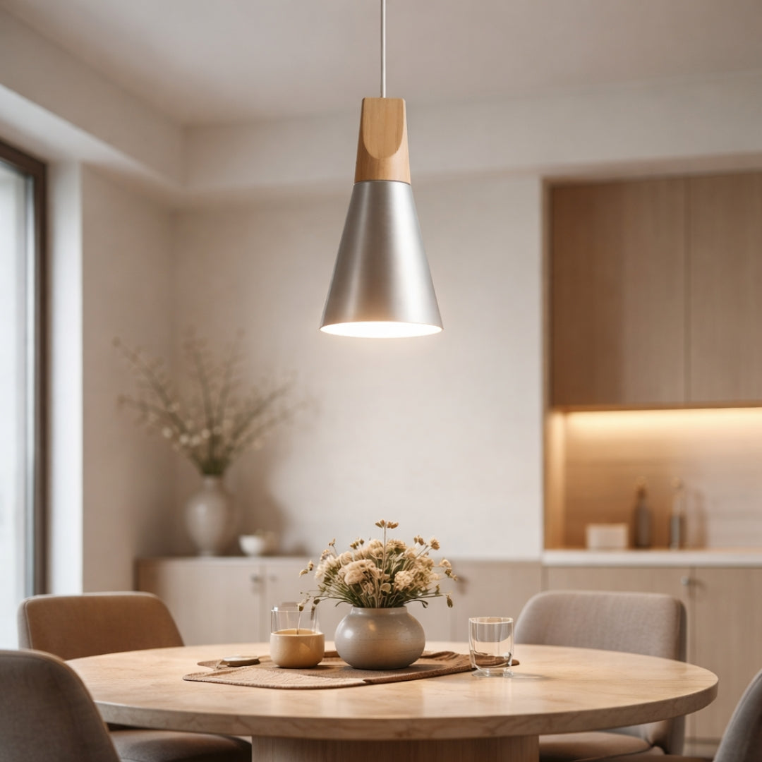 Suspension LED bois et aluminium en forme de cône