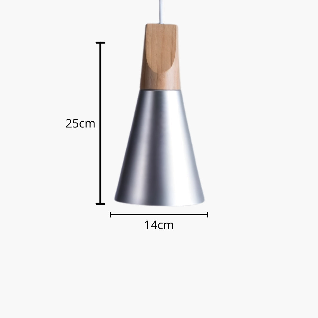 Suspension LED bois et aluminium en forme de cône