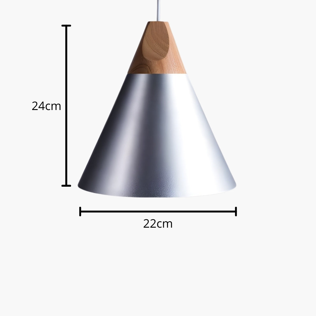 Suspension LED bois et aluminium en forme de cône