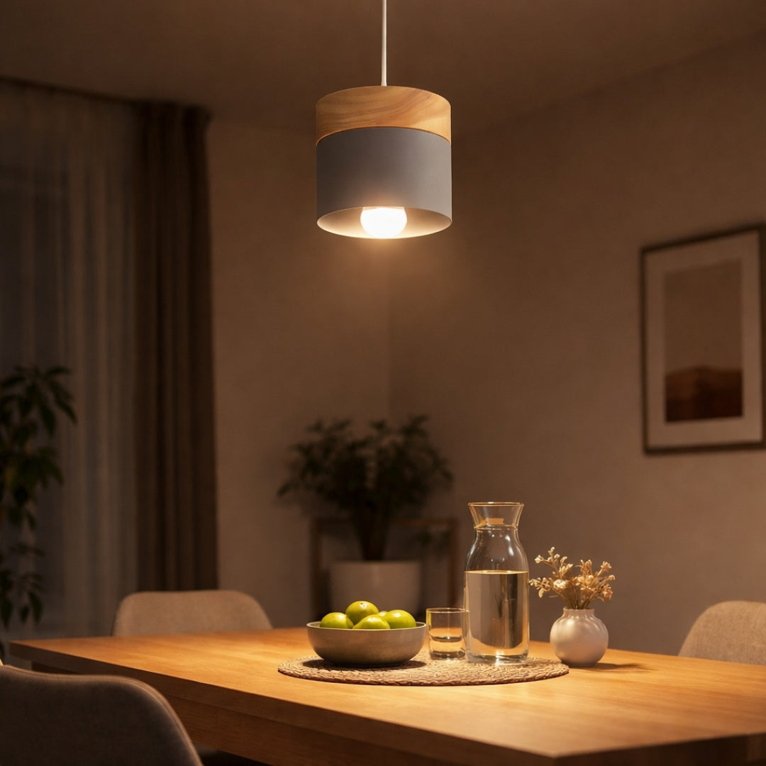 Suspension LED Cylindrique Métal et Bois Design Moderne