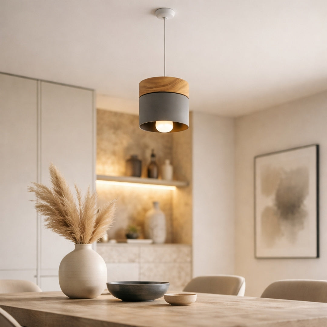 Suspension LED Cylindrique Métal et Bois Design Moderne
