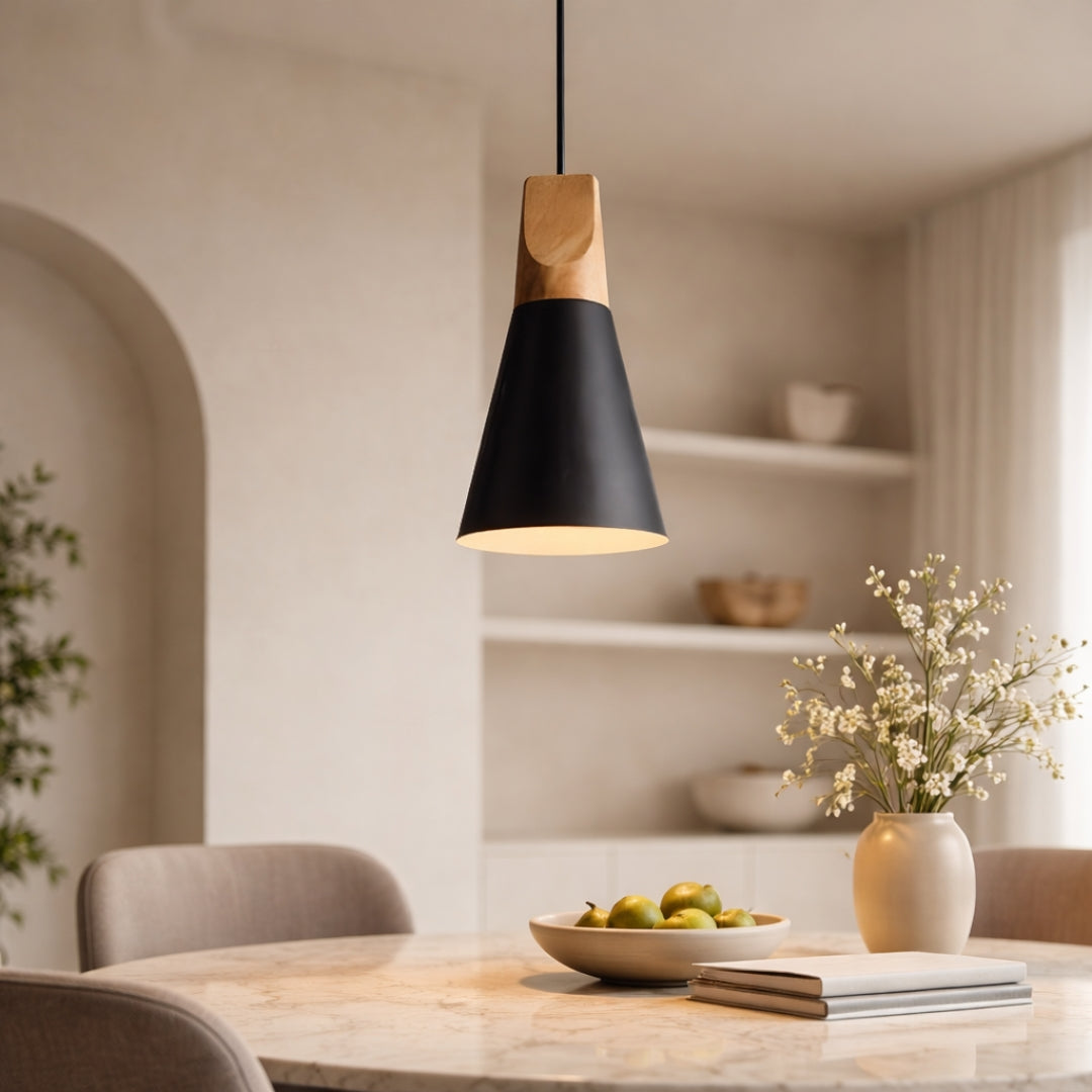 Suspension en bois et aluminum en forme de cone